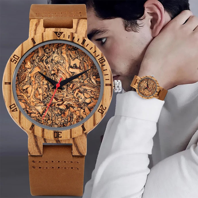 Man Broken Pattern Wood Wristwatch Zebra Wooden Brown Leather Strap Watch Simple Literary Style Gift for Boyfriend Montre Homme